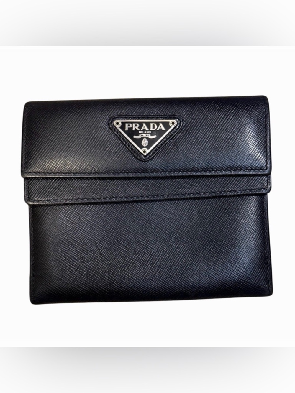 Prada Black Saffiano Leather Snap Flap Wallet with Triangle Logo